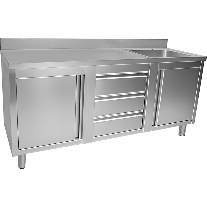 Commercial Sink With 2 Cupboards And 3 Drawers Stainless Steel 1 Bowl Right Splashback 1800x600x950mm | Vsc186 Rbs3 Md Makfry