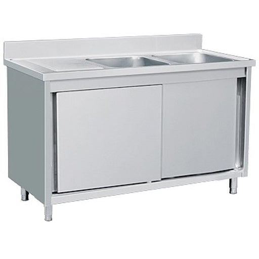 Commercial Sink With Cupboard Stainless Steel 2 Bowls Right Splashback 1800x700x950mm | Vsc187 Rbt Makfry