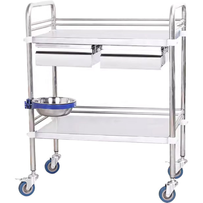 Professional 2 Tier Medical Trolley 2 Drawers Stainless Steel 770x450x860mm |  WHSS2T7745D2