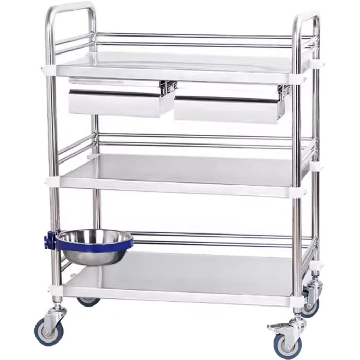 Professional 3 Tier Medical Trolley 2 Drawers Stainless Steel 600x400x860mm |  WHSS3T6040D2