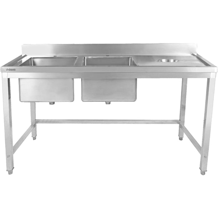 Commercial Stainless Steel Double Sink with 2 Left Bowls & Right Scrapping Hole + Splashback 1500x700x950mm |  WHSTT1570L Makfry