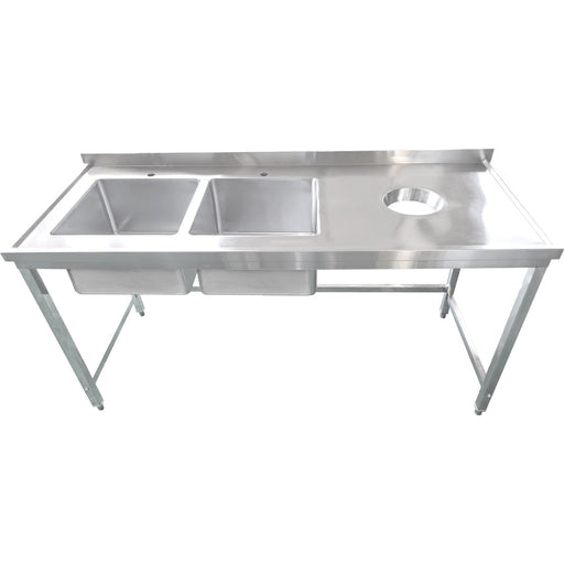Commercial Stainless Steel Double Sink with 2 Left Bowls & Right Scrapping Hole + Splashback 1500x700x950mm |  WHSTT1570L Makfry