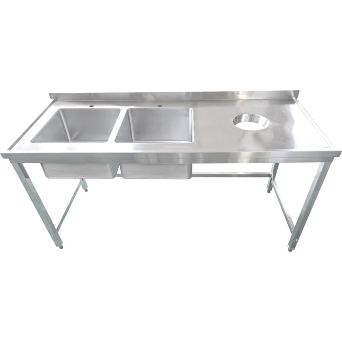 Commercial Stainless Steel Double Sink with 2 Left Bowls & Right Scrapping Hole + Splashback 1500x700x950mm |  WHSTT1570L Makfry