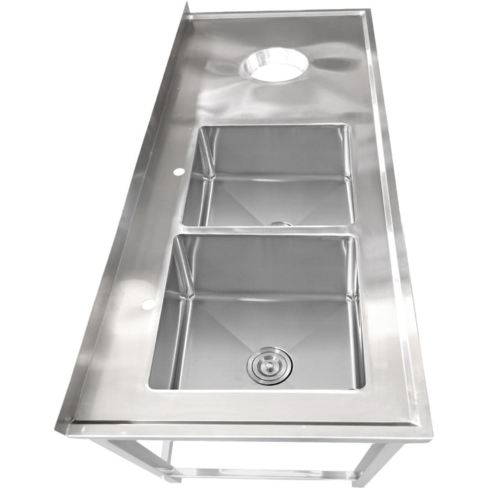 Commercial Stainless Steel Double Sink with 2 Left Bowls & Right Scrapping Hole + Splashback 1500x700x950mm |  WHSTT1570L Makfry