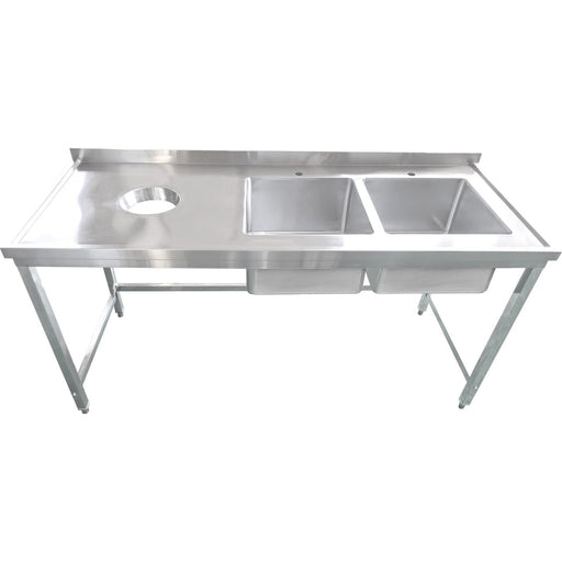 Commercial Stainless Steel Double Sink with 2 Right Bowls & Left Scrapping Hole + Splashback 1500x700x950mm |  WHSTT1570R Makfry