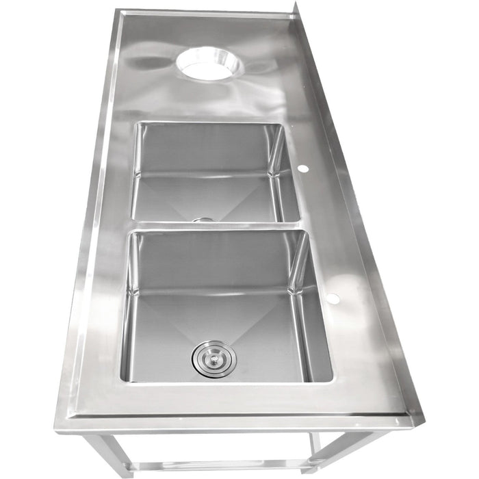 Commercial Stainless Steel Double Sink with 2 Right Bowls & Left Scrapping Hole + Splashback 1800x700x950mm |  WHSTT1870R Makfry