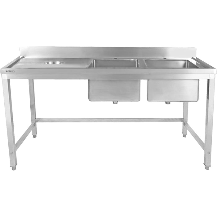 Commercial Stainless Steel Double Sink with 2 Right Bowls & Left Scrapping Hole + Splashback 1800x700x950mm |  WHSTT1870R Makfry