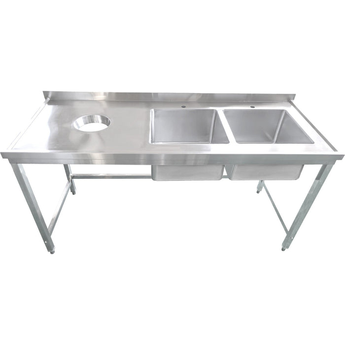 Commercial Stainless Steel Double Sink with 2 Right Bowls & Left Scrapping Hole + Splashback 1800x700x950mm |  WHSTT1870R Makfry