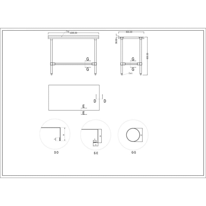 B GRADE Commercial Stainless Steel Work Table No Bottom shelf with Upstand 1200x600x900mm |  WT60120GBNU B GRADE