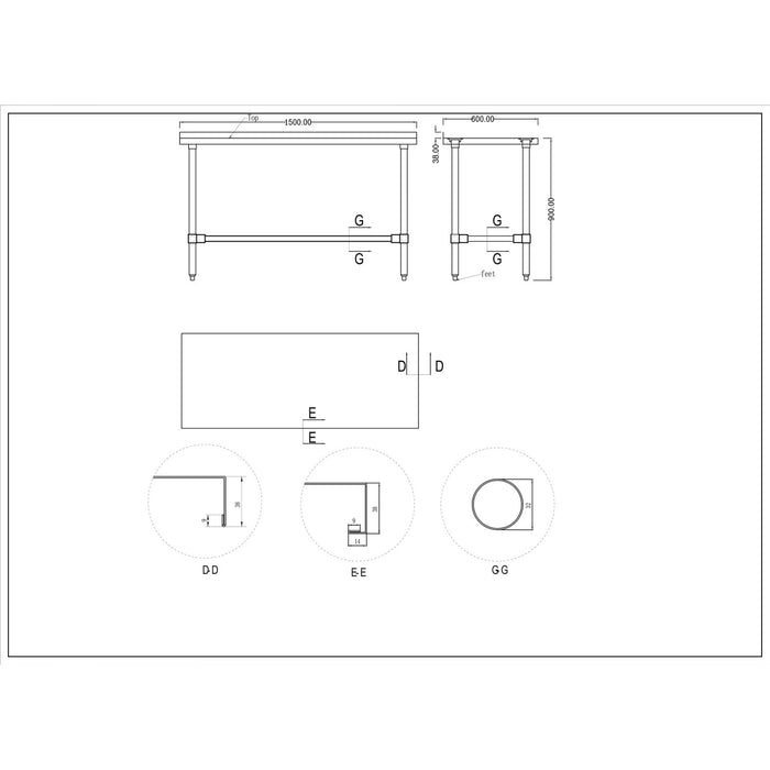 B GRADE Commercial Stainless Steel Work Table No Bottom shelf with Upstand 1500x600x900mm |  WT60150GBNU B GRADE