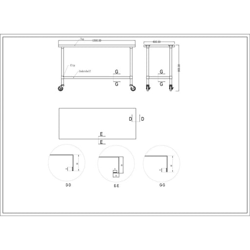 Commercial Mobile Stainless Steel Work Table Bottom shelf 1500x600x900mm |  WT60150GMOBILE Makfry