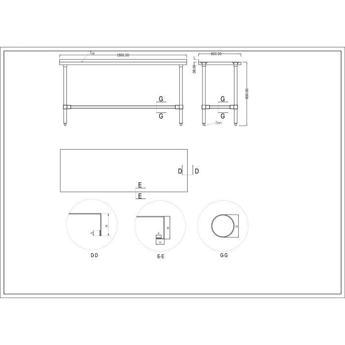 B GRADE Commercial Stainless Steel Work Table No Bottom shelf with Upstand 1800x600x900mm |  WT60180GBNU B GRADE