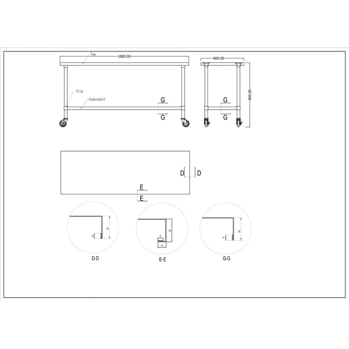 B GRADE Commercial Mobile Stainless Steel Work Table Bottom shelf 1800x600x900mm |  WT60180GMOBILE B GRADE