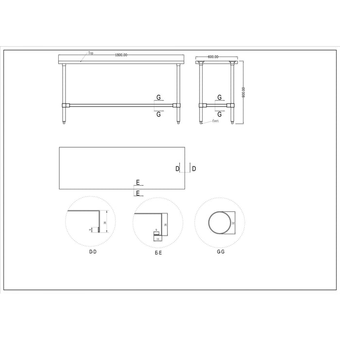 Commercial Stainless Steel Work Table No Bottom shelf 1800x600x900mm |  WT60180GNU Makfry