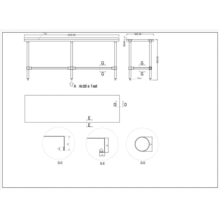B GRADE Commercial Stainless Steel Work Table No Bottom shelf with Upstand 2100x600x900mm |  WT60210GBNU B GRADE Makfry
