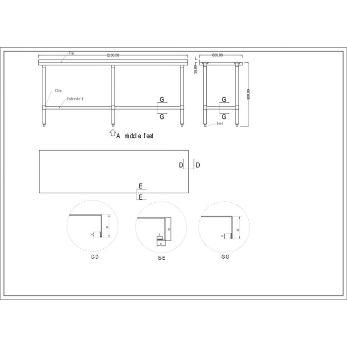 B GRADE Commercial Stainless Steel Work Table Bottom shelf Upstand 2100x600x900mm |  WT60210GB B GRADE