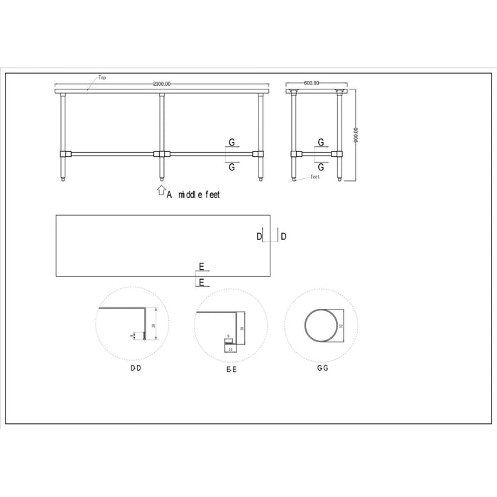 B GRADE Commercial Stainless Steel Work Table No Bottom shelf 2100x600x900mm |  WT60210GNU B GRADE