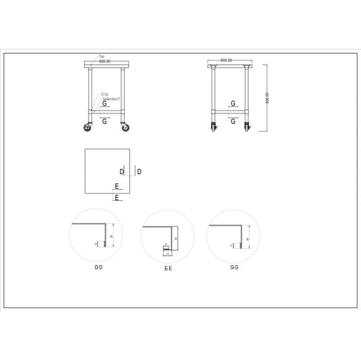 Commercial Mobile Stainless Steel Work Table Bottom shelf 600x600x900mm |  WT6060GMOBILE Makfry
