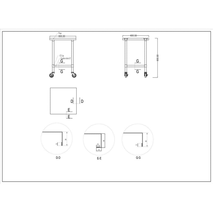Commercial Mobile Stainless Steel Work Table Bottom shelf 600x600x900mm |  WT6060GMOBILE Makfry