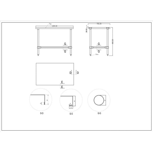 Commercial Stainless Steel Work Table No Bottom shelf with Upstand 1200x700x900mm |  WT70120GBNU Makfry