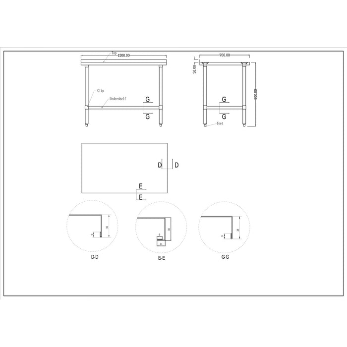 B GRADE Commercial Stainless Steel Work Table Bottom shelf Upstand 1200x700x900mm |  WT70120GB B GRADE