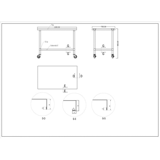 B GRADE Commercial Mobile Stainless Steel Work Table Bottom shelf 1200x700x900mm |  WT70120GMOBILE B GRADE Makfry
