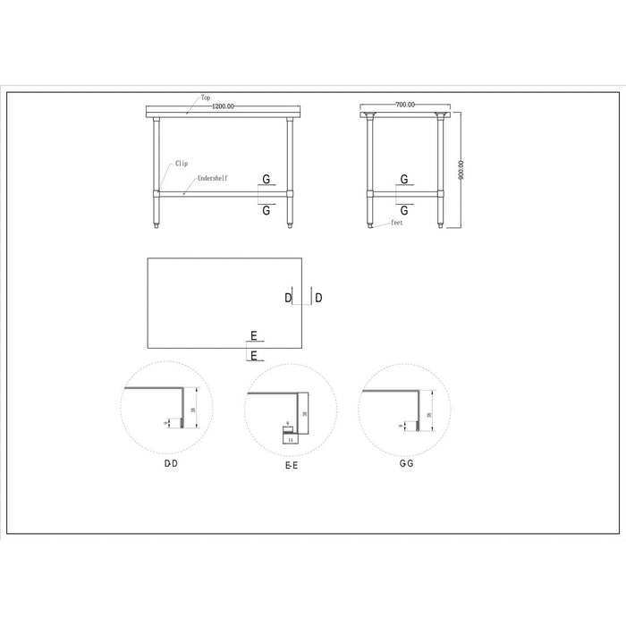 Commercial Stainless Steel Work Table Bottom shelf 1200x700x900mm |  WT70120G Makfry