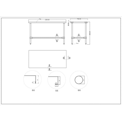 Commercial Stainless Steel Work Table No Bottom shelf with Upstand 1500x700x900mm |  WT70150GBNU Makfry