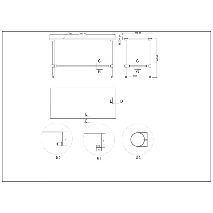 B GRADE Commercial Stainless Steel Work Table No Bottom shelf with Upstand 1500x700x900mm |  WT70150GBNU B GRADE Makfry