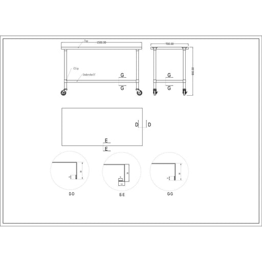 Commercial Mobile Stainless Steel Work Table Bottom Shelf 1500x700x900mm | Wt70150 Gmobile Makfry