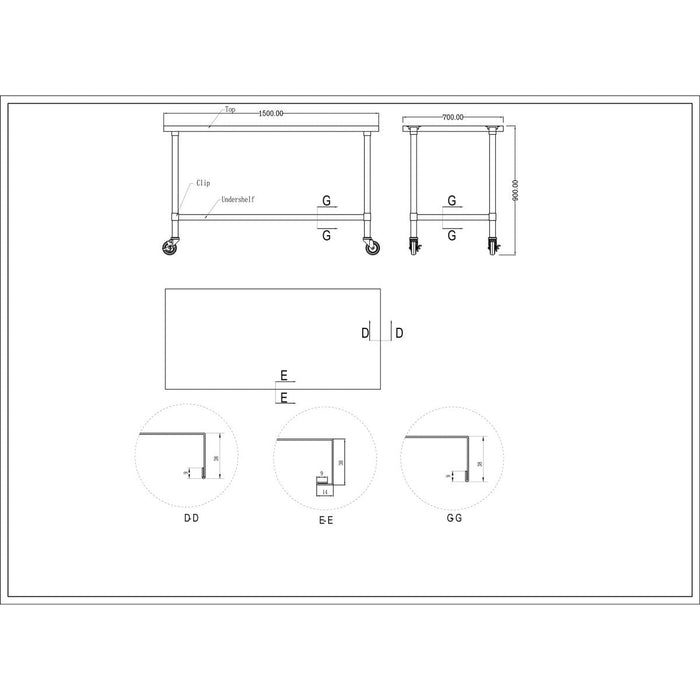 Commercial Mobile Stainless Steel Work Table Bottom Shelf 1500x700x900mm | Wt70150 Gmobile Makfry