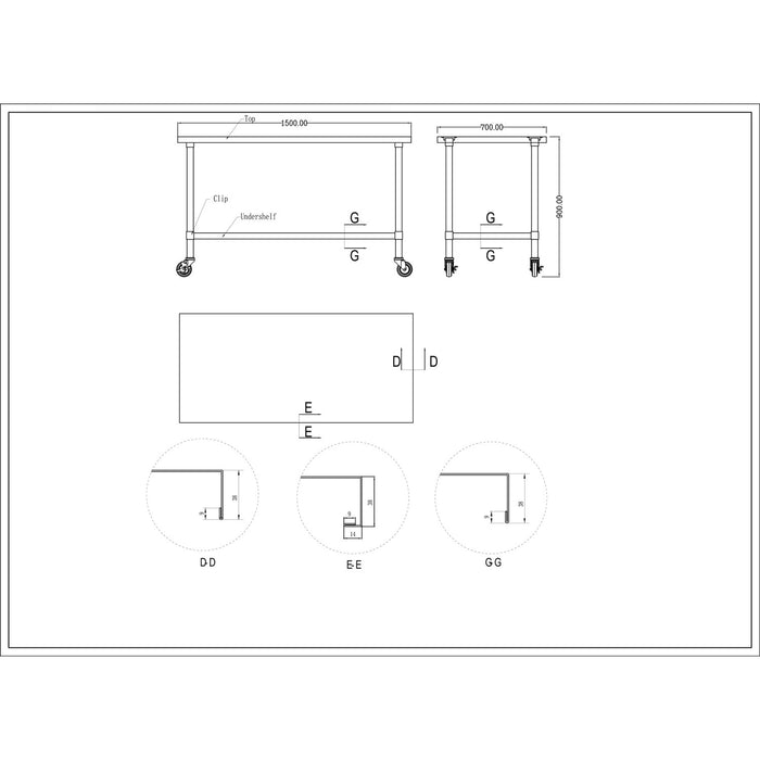 B GRADE Commercial Mobile Stainless Steel Work Table Bottom shelf 1500x700x900mm |  WT70150GMOBILE B GRADE