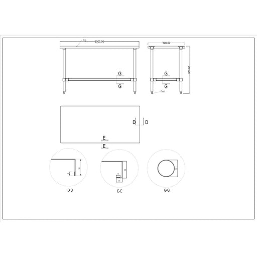 Commercial Stainless Steel Work Table No Bottom shelf 1500x700x900mm |  WT70150GNU Makfry
