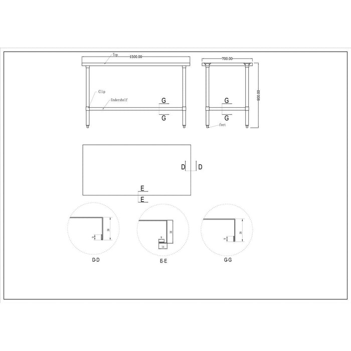 Commercial Stainless Steel Work Table Bottom shelf 1500x700x900mm |  WT70150G Makfry