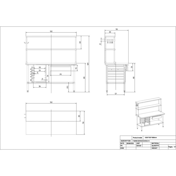 Commercial Stainless Steel Work Table With Overshelf, Drawer &Amp; Gn Pan Rack 1500x700x1700mm | Wt70150 Ps Makfry
