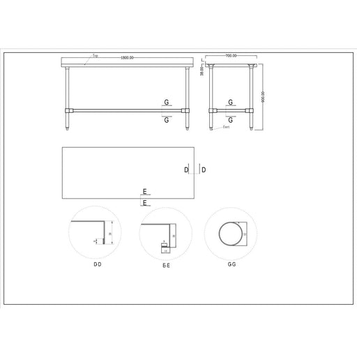 Commercial Stainless Steel Work Table No Bottom shelf with Upstand 1800x700x900mm |  WT70180GBNU Makfry