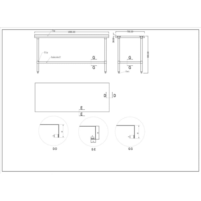 B GRADE Commercial Stainless Steel Work Table Bottom shelf Upstand 1800x700x900mm |  WT70180GB B GRADE