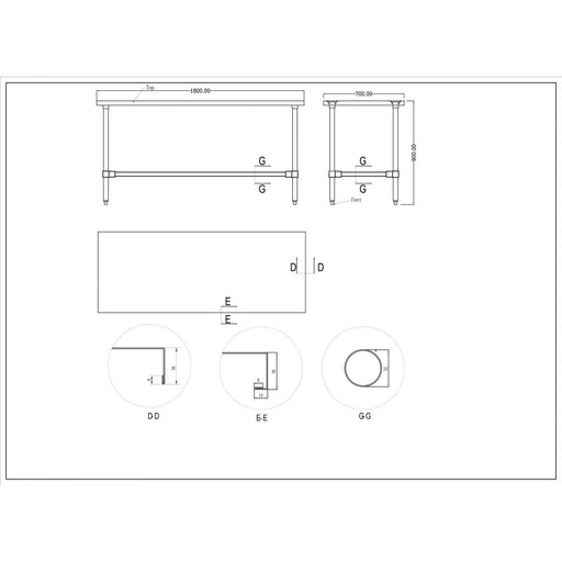 Commercial Stainless Steel Work Table No Bottom shelf 1800x700x900mm |  WT70180GNU Makfry