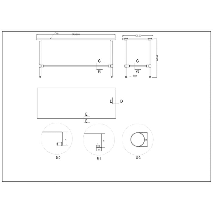 B GRADE Commercial Stainless Steel Work Table No Bottom shelf 1800x700x900mm |  WT70180GNU B GRADE