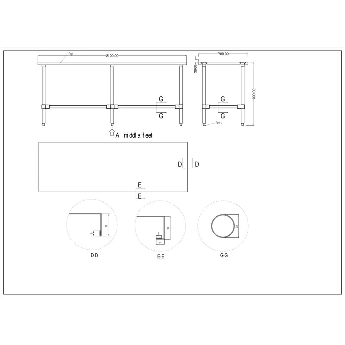 B GRADE Commercial Stainless Steel Work Table No Bottom shelf with Upstand 2100x700x900mm |  WT70210GBNU B GRADE