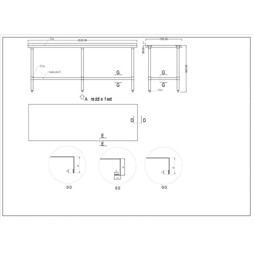 B GRADE Commercial Stainless Steel Work Table Bottom shelf Upstand 2100x700x900mm |  WT70210GB B GRADE Makfry