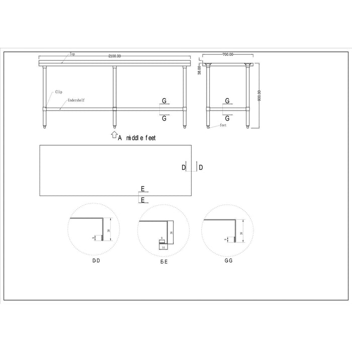 B GRADE Commercial Stainless Steel Work Table Bottom shelf Upstand 2100x700x900mm |  WT70210GB B GRADE Makfry
