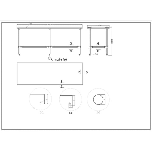 Commercial Stainless Steel Work Table No Bottom Shelf 2100x700x900mm | Wt70210 Gnu Makfry