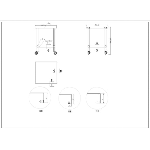 Commercial Mobile Stainless Steel Work Table Bottom shelf 700x700x900mm |  WT7070GMOBILE Makfry