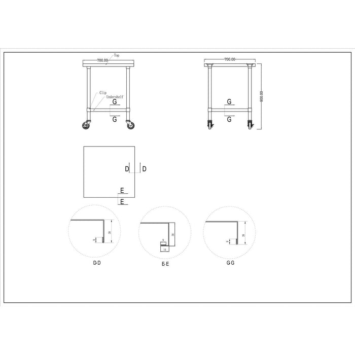 Commercial Mobile Stainless Steel Work Table Bottom shelf 700x700x900mm |  WT7070GMOBILE Makfry
