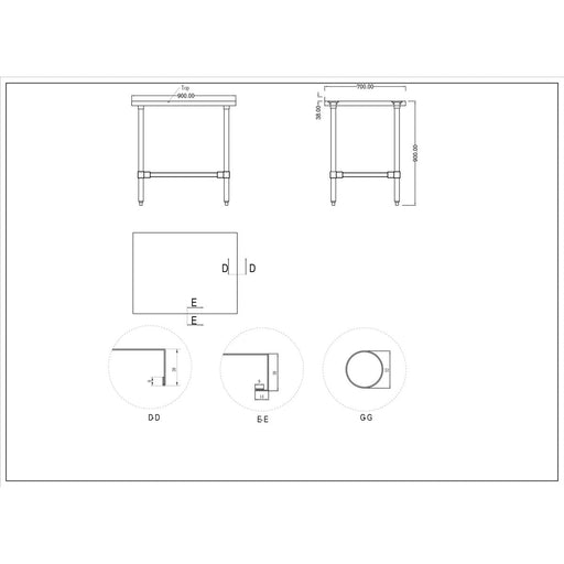 Commercial Stainless Steel Work Table No Bottom shelf with Upstand 900x700x900mm |  WT7090GBNU Makfry