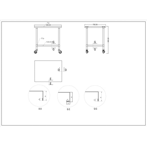 Commercial Mobile Stainless Steel Work Table Bottom shelf 900x700x900mm |  WT7090GMOBILE Makfry