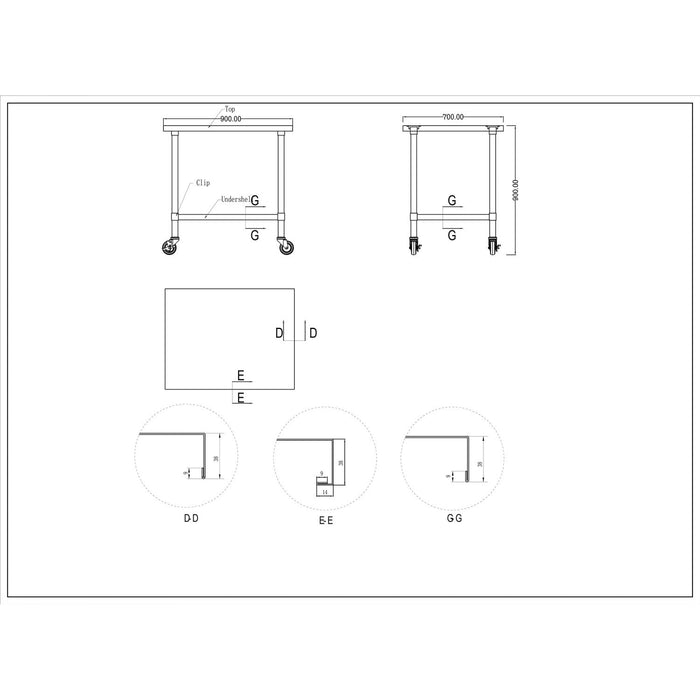 B GRADE Commercial Mobile Stainless Steel Work Table Bottom shelf 900x700x900mm |  WT7090GMOBILE B GRADE Makfry