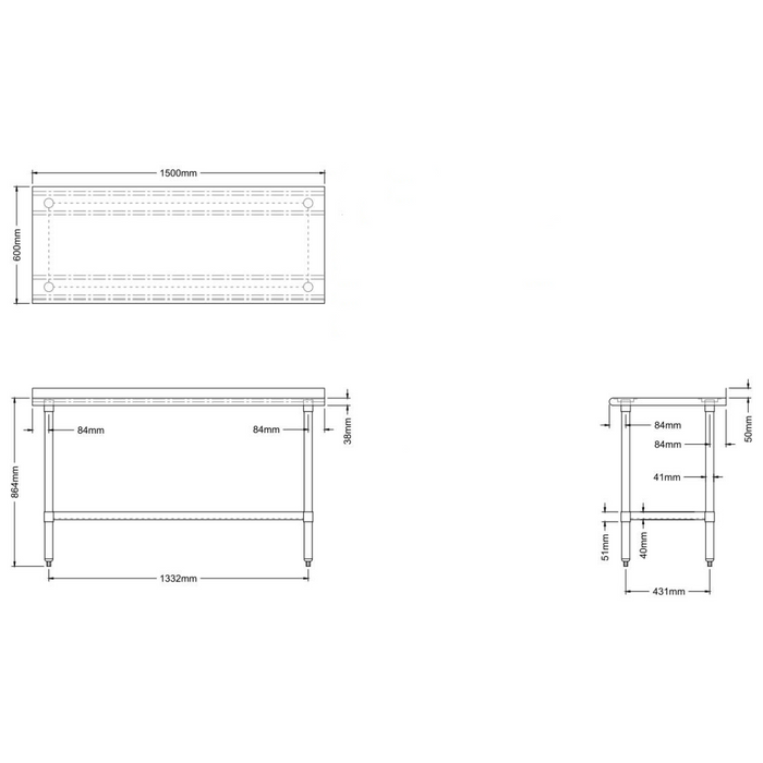 Commercial Work table Stainless steel Rear upstand Bottom shelf 1500x600x900mm |  WTG600X150050R Makfry