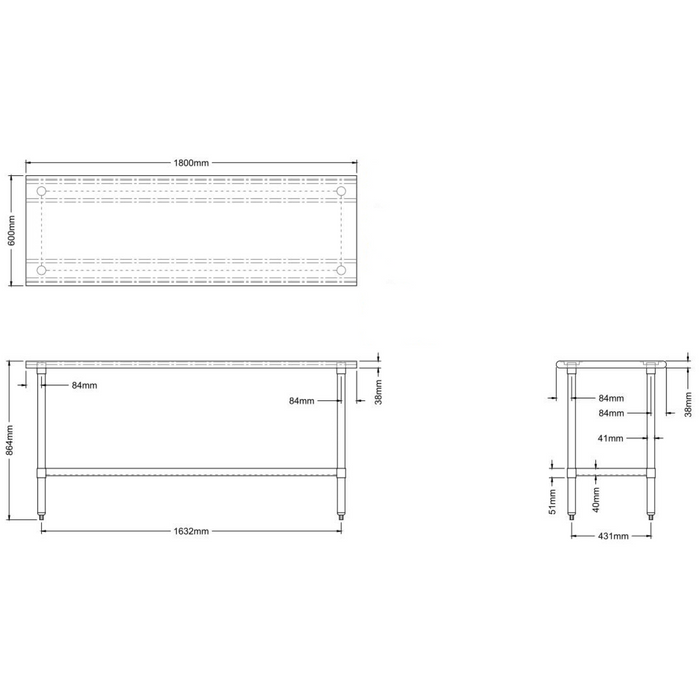 B GRADE Commercial Work table Stainless steel Bottom shelf 1800x600x900mm |  WTG600X1800 B GRADE Makfry